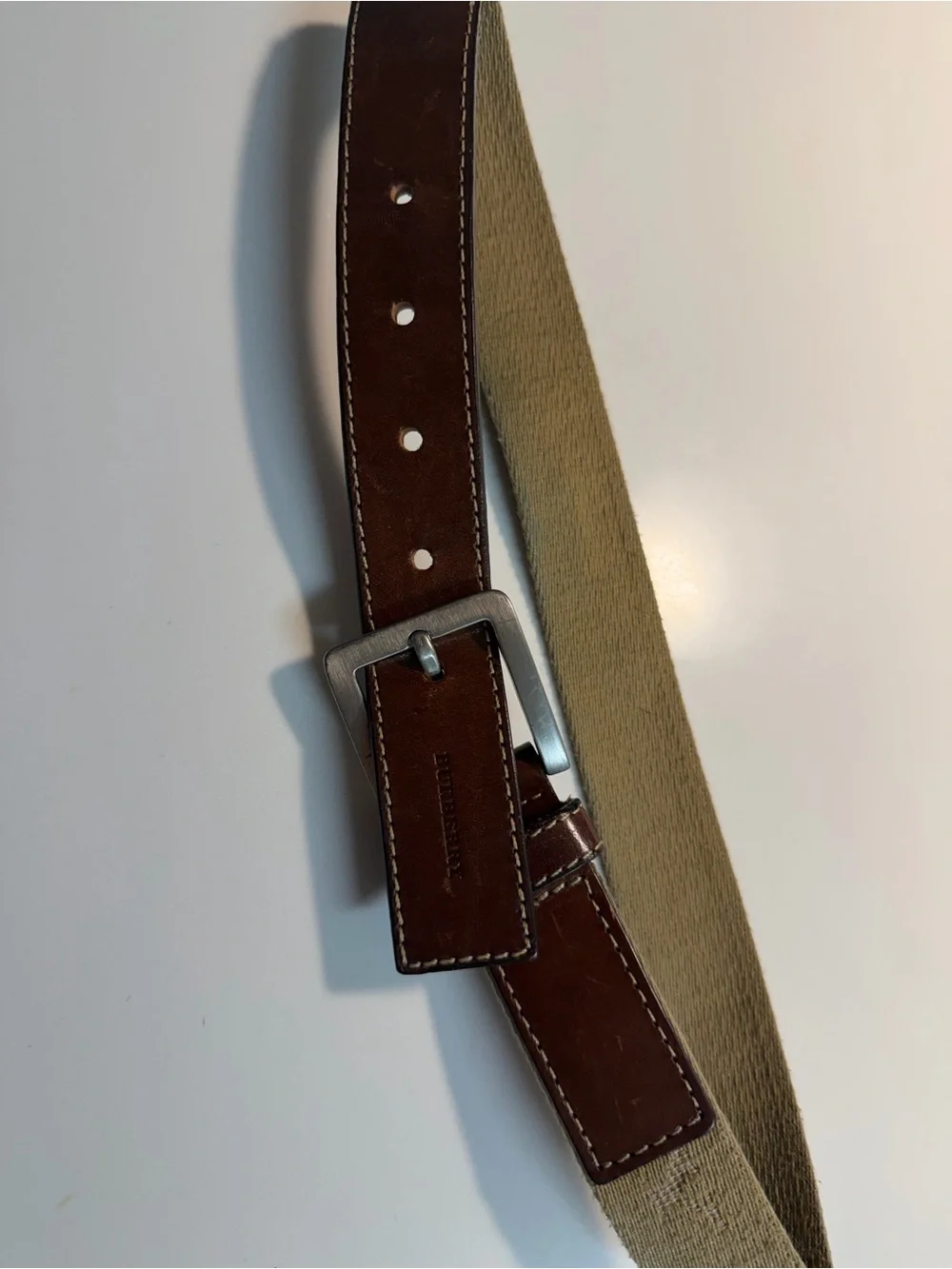 Burberry Brown Leather Belt with Tan Canvas Tip and Silver Buckle